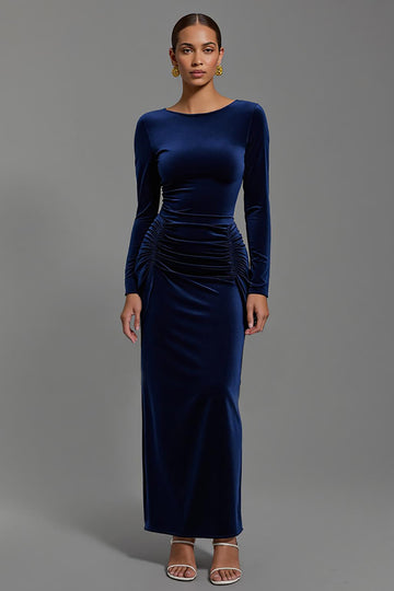 Sheath Ruched Long Sleeve Navy Formal Dress